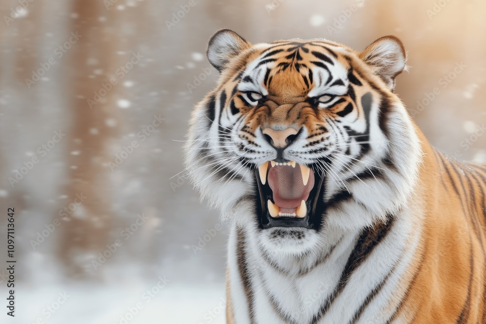 Fototapeta premium Majestic tiger displaying powerful roar in snowy landscape during winter season