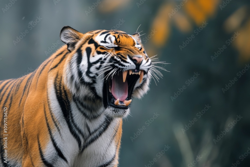 Fototapeta premium Majestic tiger displaying powerful roar in snowy landscape during winter season