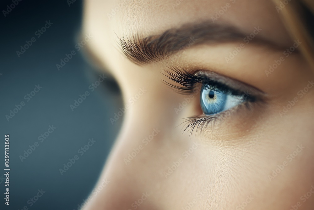 Close up of a womans captivating blue eye with detailed lashes and a soft glow