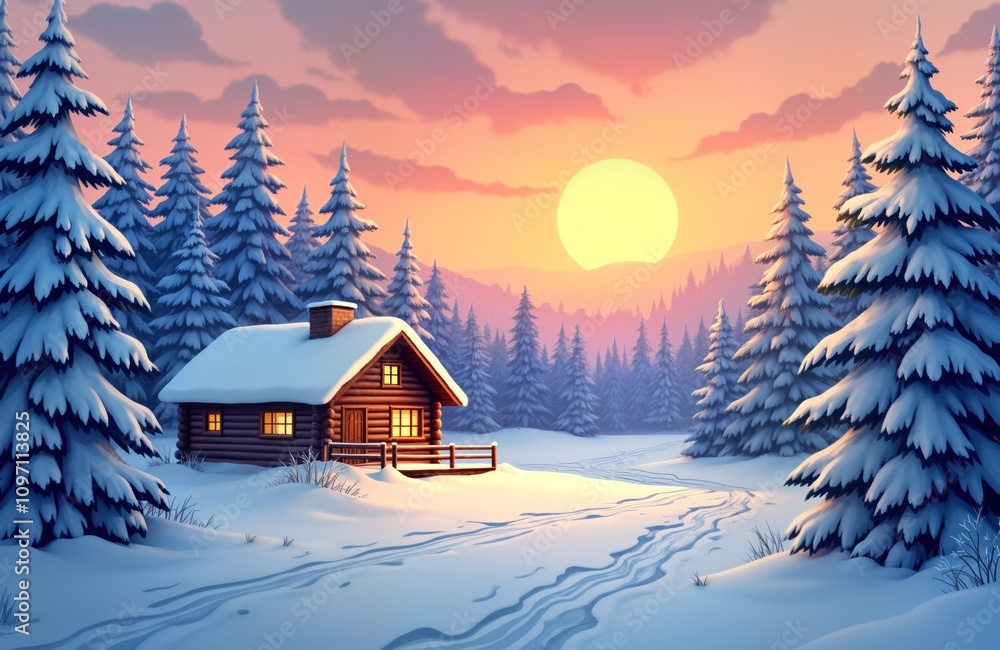 Winter landscape illustration shows snowy forest cabin at sunset. Snow covers pine trees. Footprints in snow lead to cozy log house. Perfect for holiday cards New Year posters. Winter landscape illustration shows snowy forest cabin at sunset. Snow covers pine trees. Footprints in snow lead to cozy log house. Perfect for holiday cards New Year posters.