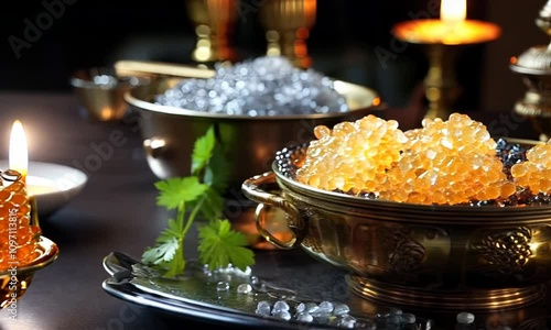Cooked tin of caviar on crushed ice in a golden bowl on the table