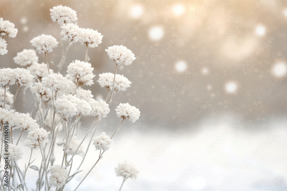 White flowers bloom on snowy ground as sunlight breaks through at dawn White flowers bloom on snowy ground as sunlight breaks through at dawn