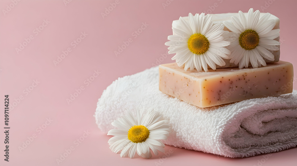 Concept of hygiene and body care depicted in a still life composition featuring handmade soap bars dry shampoos with natural ingredients chamomile Concept of hygiene and body care depicted in a still life composition featuring handmade soap bars dry shampoos with natural ingredients chamomile