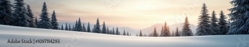 Snowy landscape at sunrise with towering pine trees in the background