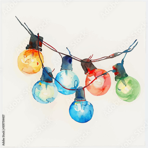 A watercolor of Multicolor String Lights, isolated on a white background. Multicolor String Lights vector.