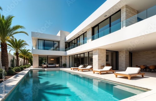 Wallpaper Mural Luxury villa features modern architecture. Infinity pool and patio offer relaxation. Sunny backyard has palm trees. Ideal summer vacation home. Mediterranean style. Torontodigital.ca