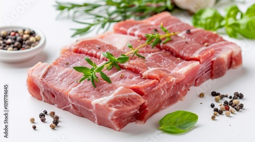 Slices of raw meat rest on a white surface, garnished with herbs. Concept food preparation and freshness. For recipe blogs or cooking magazines.