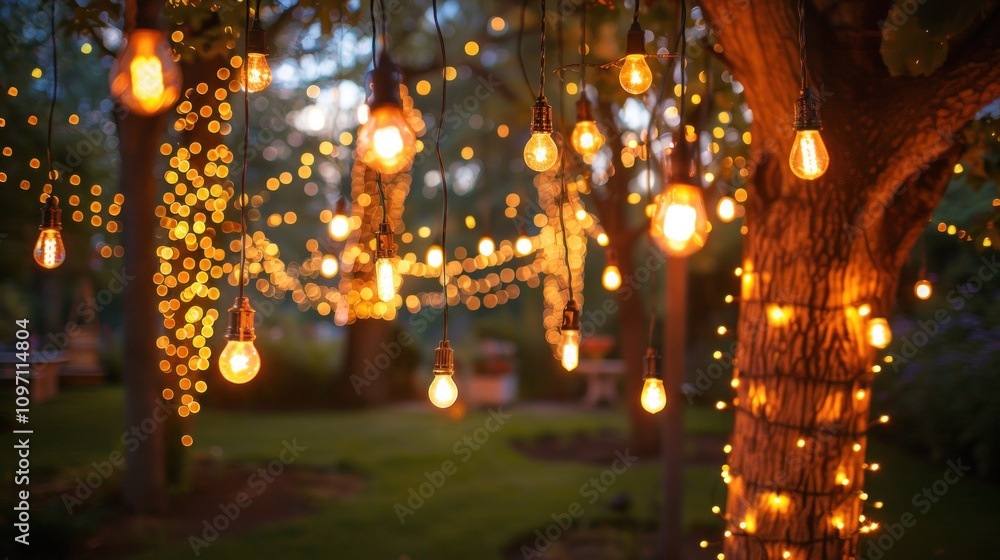 Fairy lights and Edison bulbs illuminate trees at night. Fairy lights and Edison bulbs illuminate trees at night.