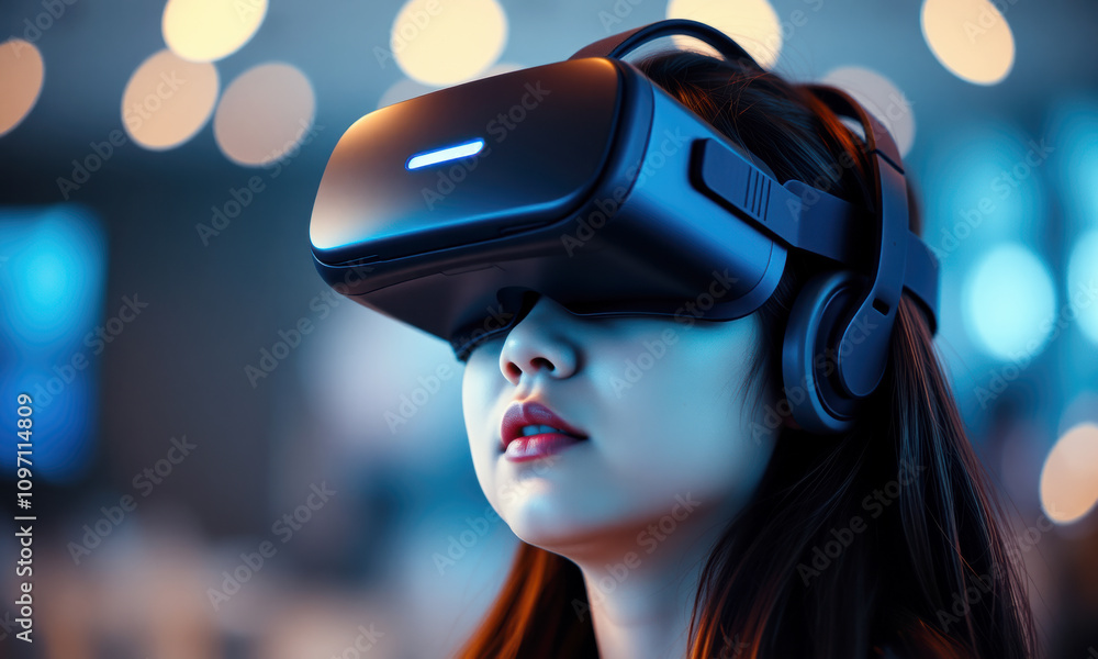 woman wearing virtual reality goggles experiences immersive technology, showcasing excitement and curiosity in modern environment woman wearing virtual reality goggles experiences immersive technology, showcasing excitement and curiosity in modern environment