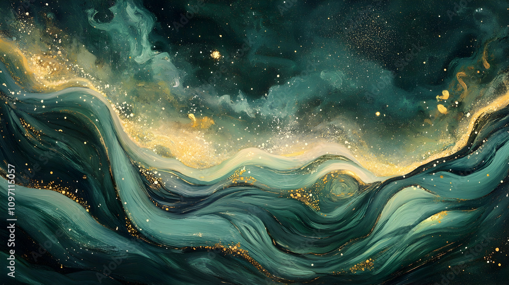 Ephemeral dreamscapes of wavy green and golden hues intertwined with shimmering specks of light Ephemeral dreamscapes of wavy green and golden hues intertwined with shimmering specks of light
