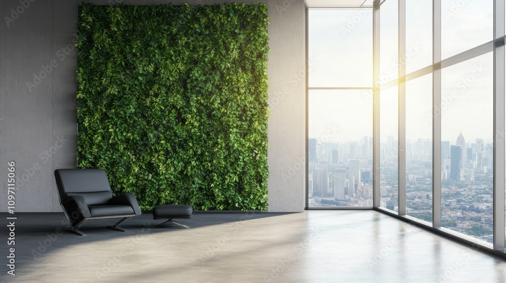 Fototapeta premium Modern Office with Panoramic City View and Green Wall