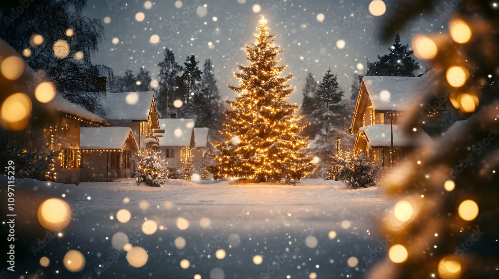 Festive winter scene with snow-covered houses and a majestic Christmas tree illuminated by warm lights.illustration Festive winter scene with snow-covered houses and a majestic Christmas tree illuminated by warm lights.illustration