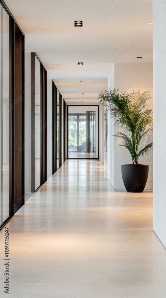 Modern hallway with natural light and greenery in a contemporary building Modern hallway with natural light and greenery in a contemporary building