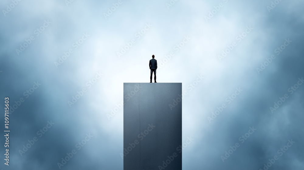 Standing confidently on a high platform under a cloudy sky Standing confidently on a high platform under a cloudy sky