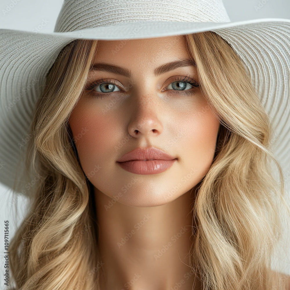 Woman with long blonde hair and white hat posing in studio Woman with long blonde hair and white hat posing in studio