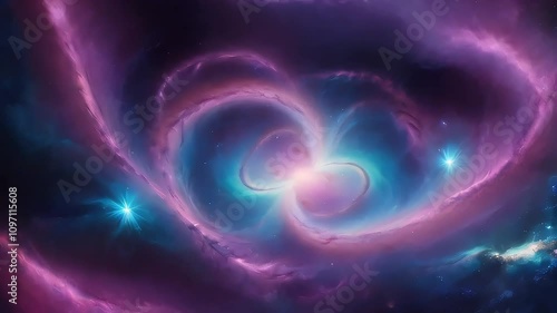 Stunning spiral galaxy with glowing core and vibrant nebulae in purple, blue, and pink hues, showcasing cosmic beauty. Perfect for space exploration, sci-fi art, or celestial designs.