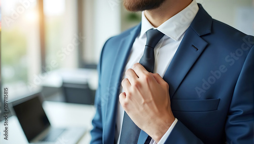 A close-up of a businessman’s hand adjusting a tie, with a blurred background of a professional office setting, symbolizing confidence and professionalism.