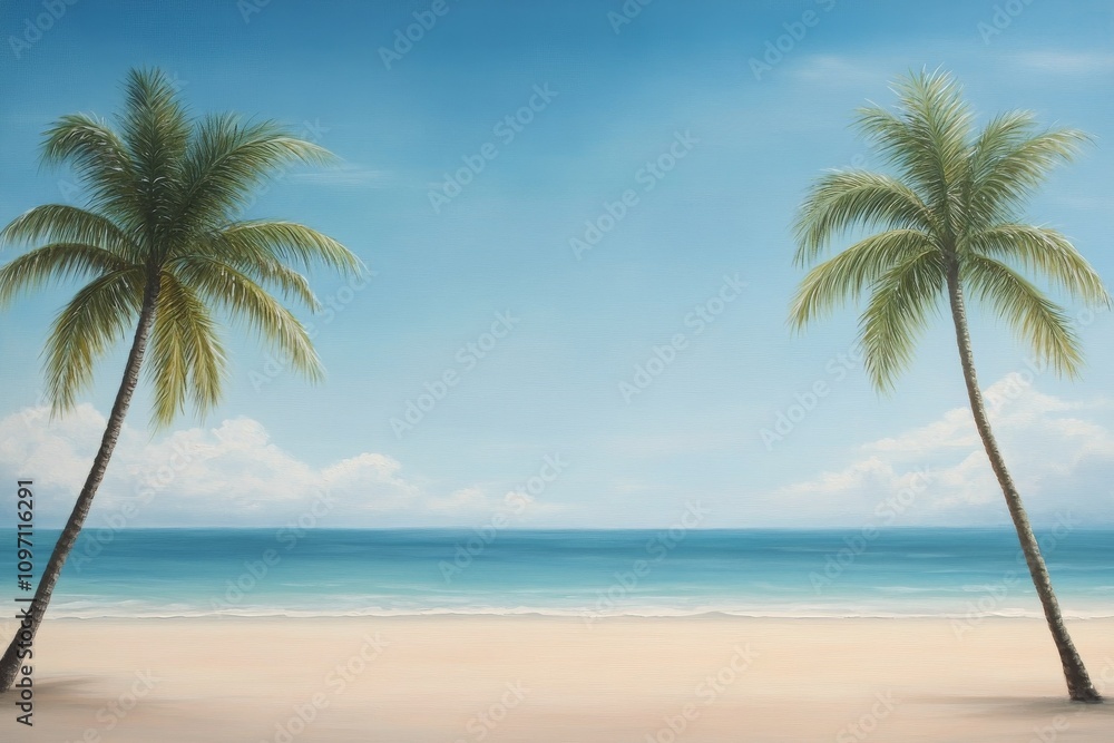Obraz premium Peaceful beach landscape with palm trees under a clear sky and gentle waves