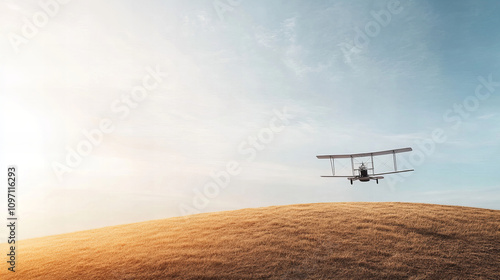 Celebrating the first flight of the Wright brothers over open fields with a historic aircraft soaring gracefully in the sky