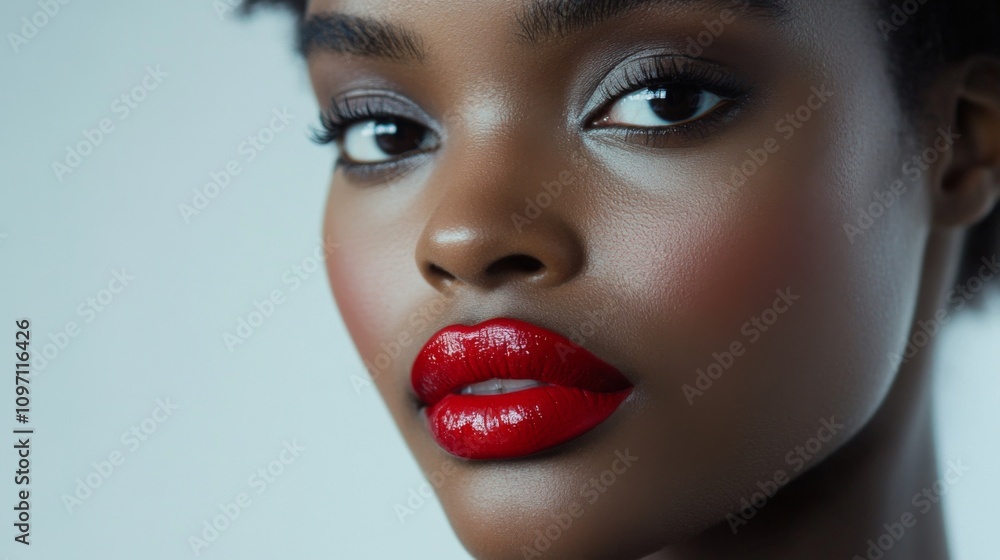 Close-up portrait of a woman's face with red lipstick, showcasing beauty and fashion. Close-up portrait of a woman's face with red lipstick, showcasing beauty and fashion.