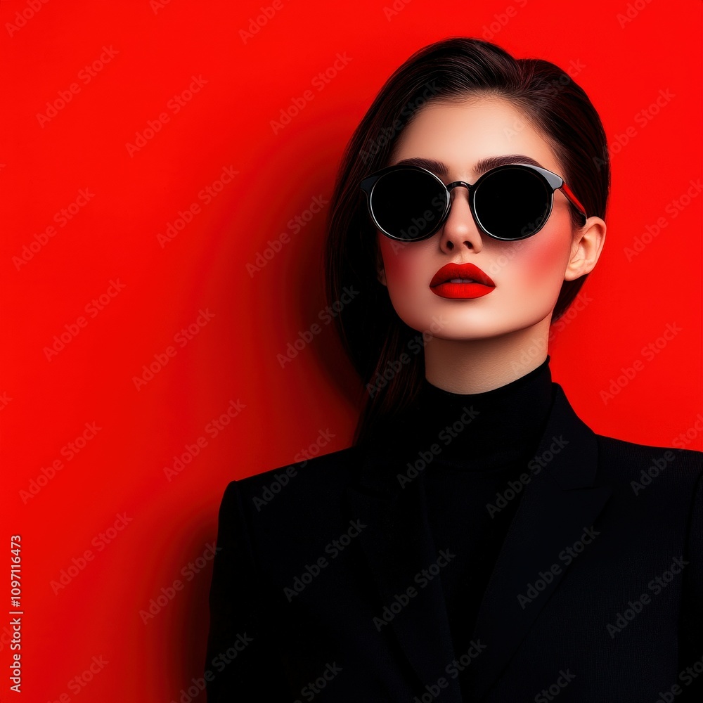 Model poses against vibrant red background with stylish sunglasses Model poses against vibrant red background with stylish sunglasses