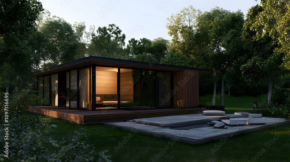 Fototapeta premium Modern Prefabricated Modular House Constructed from Wood Panels