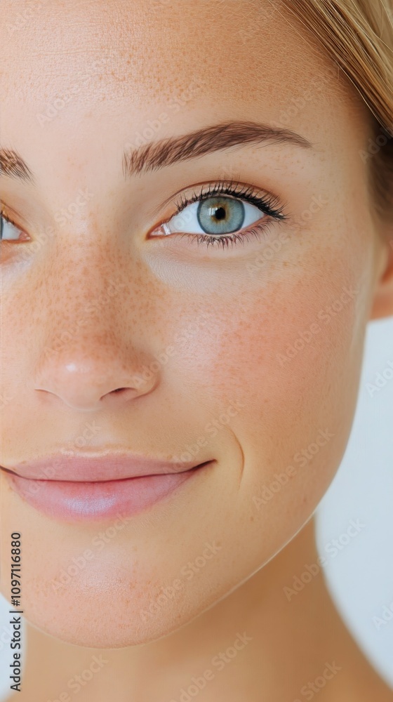 Fototapeta premium Beautiful young woman with freckles and captivating green eyes posing naturally in soft light