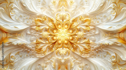Ornate golden floral pattern on a cream background, creating a visual symphony of intricate design elements.illustration