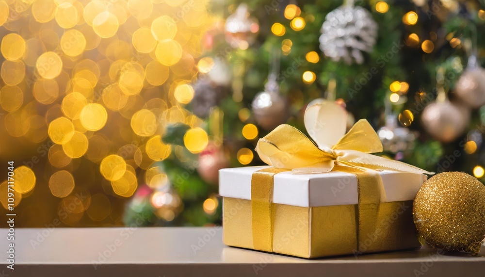 Elegant gift box resting on a festive table with a blurred Christmas tree adorned with lights, complemented by warm golden bokeh, creating a cozy holiday ambiance perfect for seasonal Elegant gift box resting on a festive table with a blurred Christmas tree adorned with lights, complemented by warm golden bokeh, creating a cozy holiday ambiance perfect for seasonal
