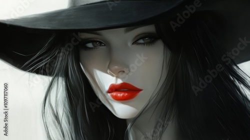 Wallpaper Mural Elegant Woman in Black Hat, Red Lips, Digital Painting Torontodigital.ca
