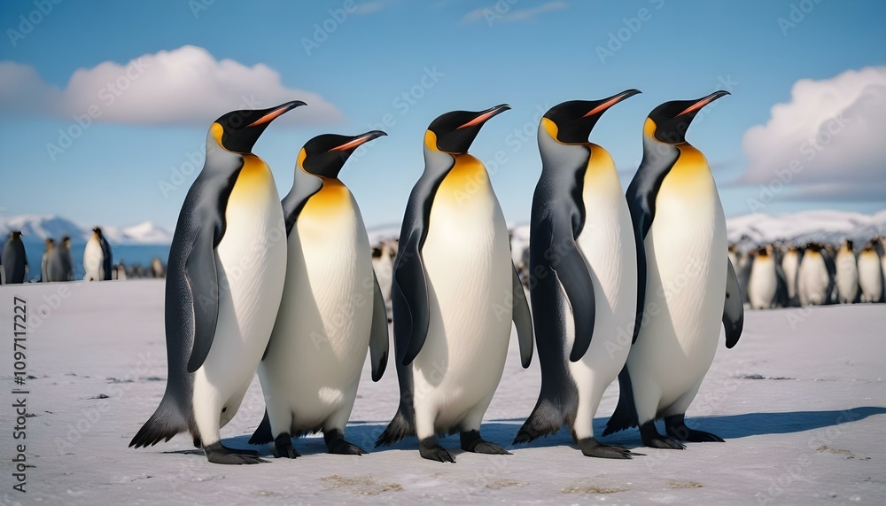 Obraz premium Un grupo de pingüinos rey parados en una playa nevada con un cielo azul de fondo