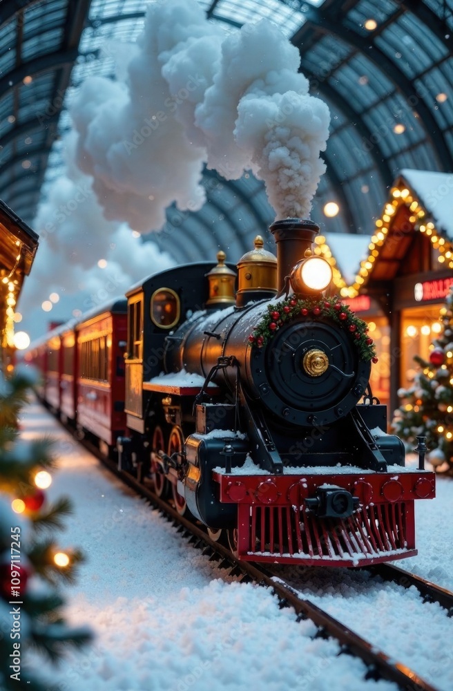 Christmas train decorated with New Year's garlands rides on rails in a festive atmosphere.Around it are decorated Christmas trees, bright lights, in the background is a glass station with metal arches Christmas train decorated with New Year's garlands rides on rails in a festive atmosphere.Around it are decorated Christmas trees, bright lights, in the background is a glass station with metal arches
