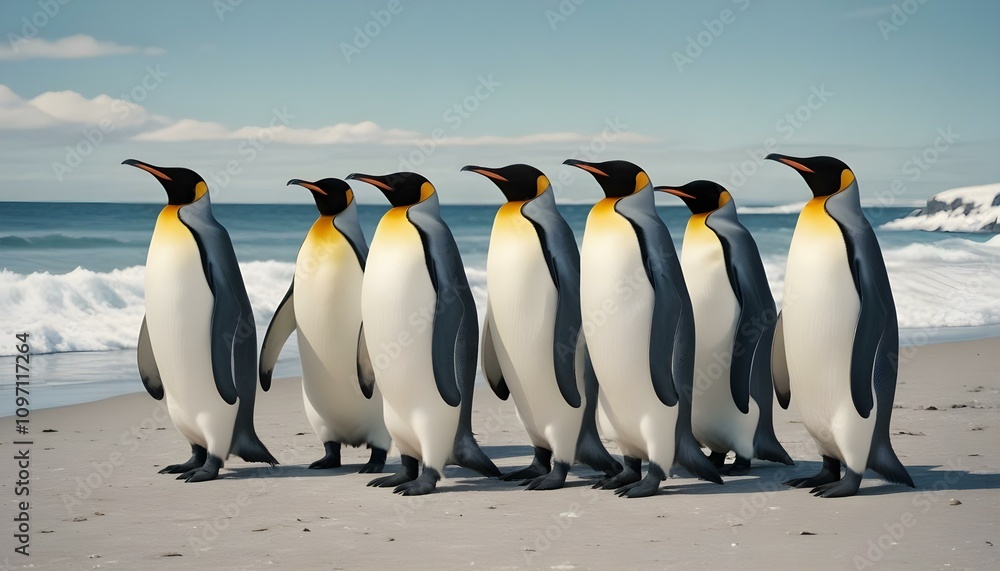 Fototapeta premium Un grupo de pingüinos rey parados en una playa nevada con un cielo azul de fondo
