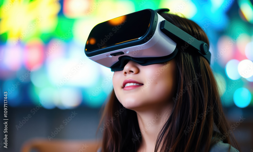 woman wearing virtual reality goggles, immersed in colorful digital world, showcasing excitement and curiosity woman wearing virtual reality goggles, immersed in colorful digital world, showcasing excitement and curiosity