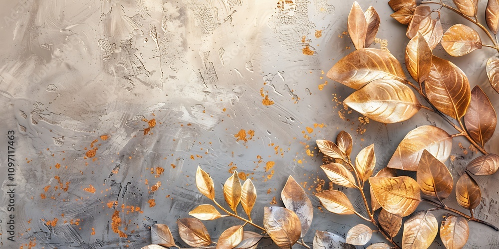 Obraz premium art painted golden leaves in pastel technique on a texture wall, photo wallpaper in the interior