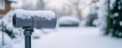 A cold-toned image of a metal lens in a snowy outdoor setting, frost forming on its surface, metal lens frost, contrast in elements photo