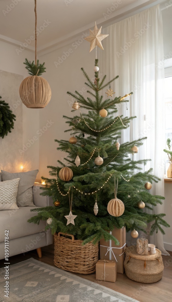 Obraz premium Traditional Christmas Tree Decorated With Minimalist Ornaments in a Cozy Living Room. Generative AI