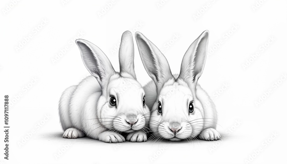 Obraz premium Adorable white bunnies cuddling together in a charming black and white illustration style