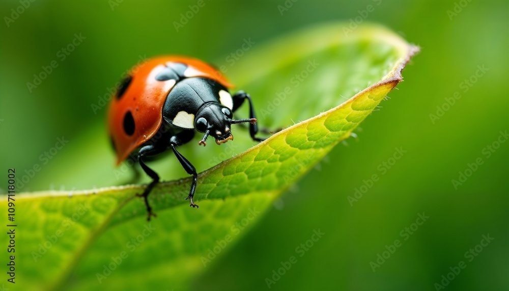 Close-up of a ladybug perched on a green leaf showcasing vibrant colors and intricate details Close-up of a ladybug perched on a green leaf showcasing vibrant colors and intricate details