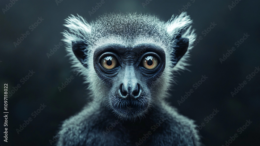 Fototapeta premium Portrait of a beautiful young monkey staring with its big eyes and showing its sweet face