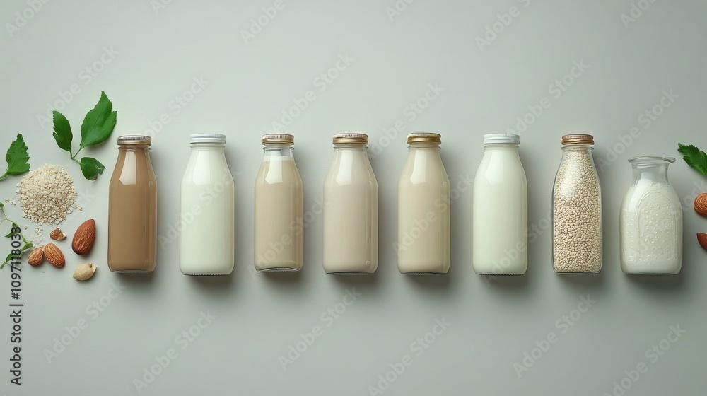 Variety of plant based milk bottles arranged appealingly on a light background with natural elements Variety of plant based milk bottles arranged appealingly on a light background with natural elements