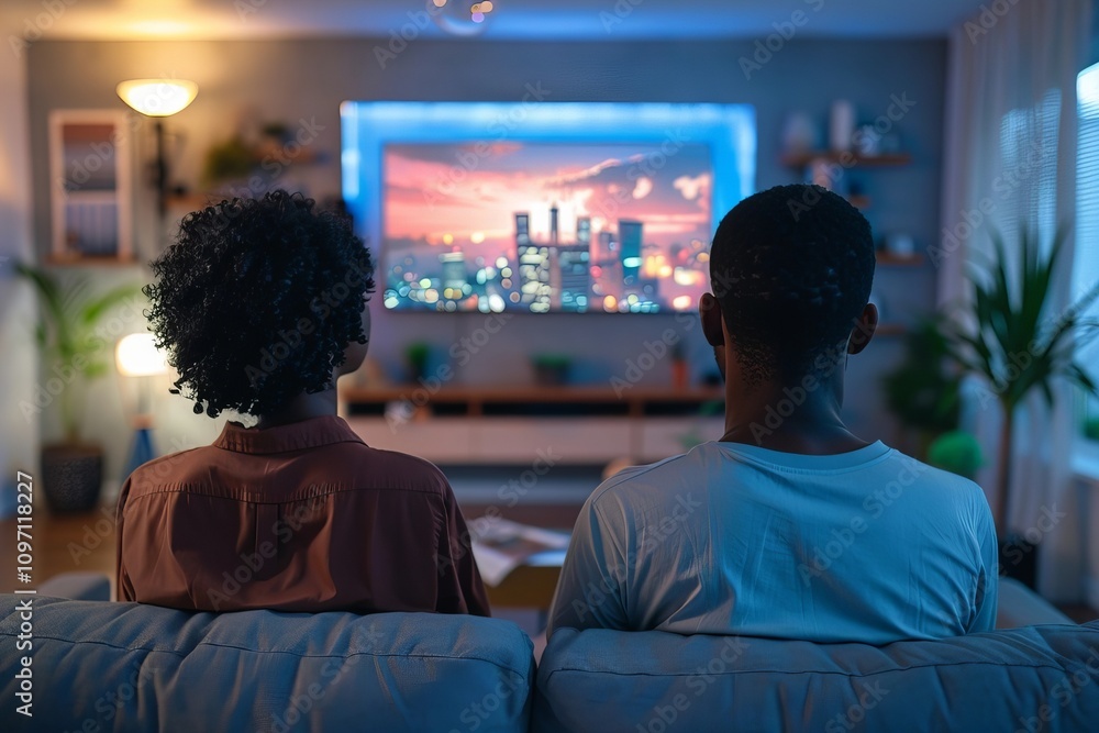 African Couple Delighted as They Watch Television Together on Sofa at Home African Couple Delighted as They Watch Television Together on Sofa at Home