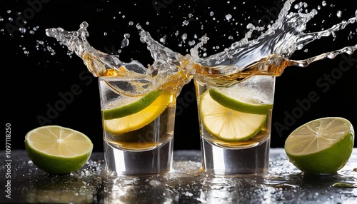 Dynamic shot of tequila glasses toasting, with a vibrant splash captured mid-air, isolated against a transparent or white background, celebrating lively moments and social occasions. photo