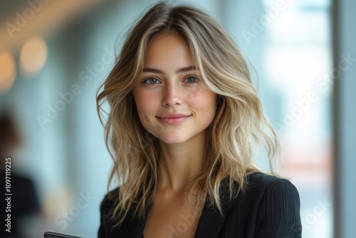 Wallpaper Mural smiling young professional woman in marketing, confidently holding a digital tablet, set against a modern office backdrop, representing empowerment and success in the corporate world Torontodigital.ca