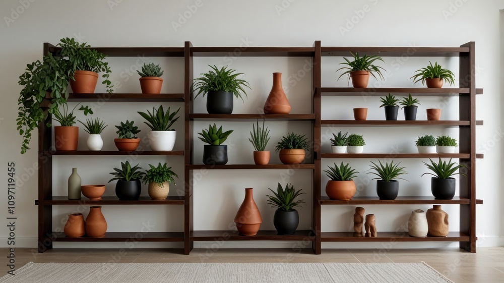Dark wood shelving unit filled with various potted plants and vases. Dark wood shelving unit filled with various potted plants and vases.