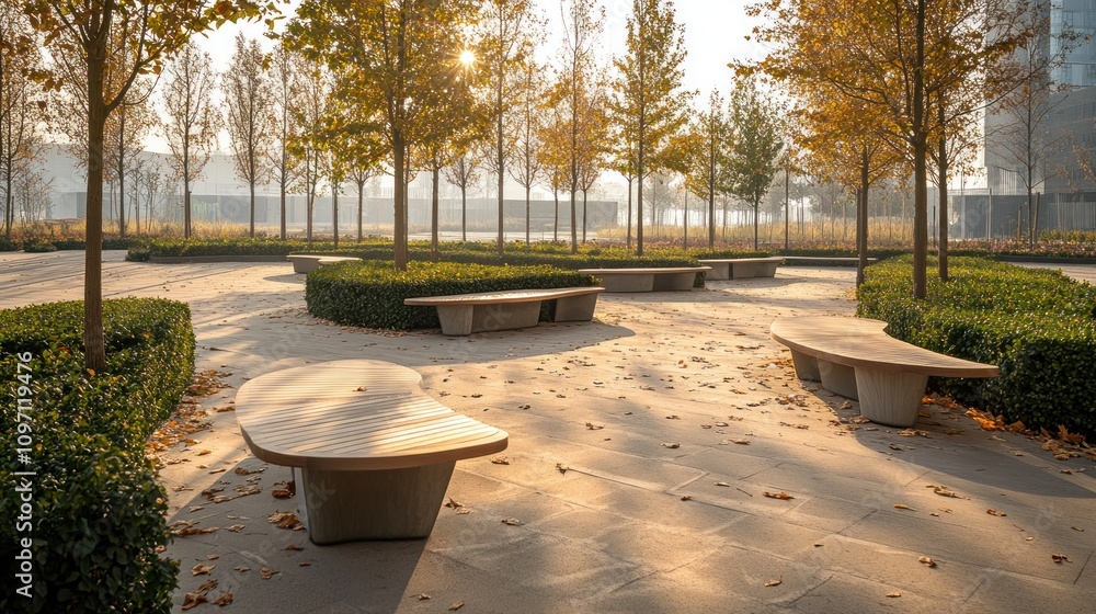 Serene park scene with benches and trees during autumn. Serene park scene with benches and trees during autumn.