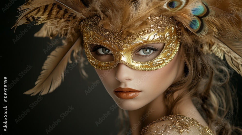 Mysterious Woman in Golden Mask and Feathers: A Venetian Carnival Portrait Mysterious Woman in Golden Mask and Feathers: A Venetian Carnival Portrait