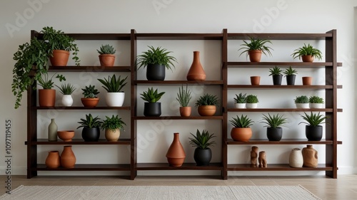 Wallpaper Mural Dark wood shelving unit filled with various potted plants and vases. Torontodigital.ca