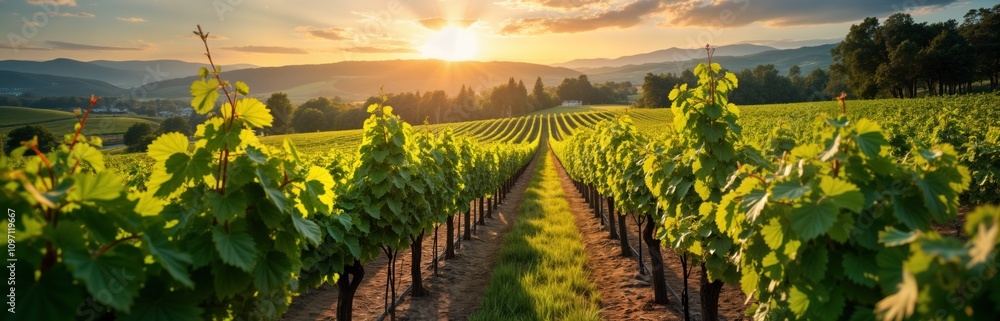 Fototapeta premium Vineyard rows at sunset Napa Valley. Green grapevines grow on hills. Summer wine production. Rural landscape. Agriculture farm. Scenic nature. Plant cultivation. Sunlit tranquil scene.