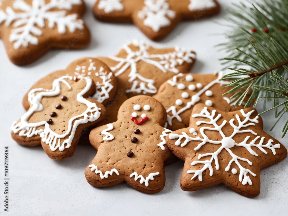 Festively decorated gingerbread cookies arranged with pine branches for a winter celebration Festively decorated gingerbread cookies arranged with pine branches for a winter celebration